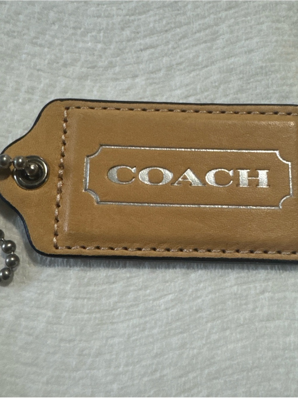 Coach 3” Tan Leather Logo Tag with Silver Embossing